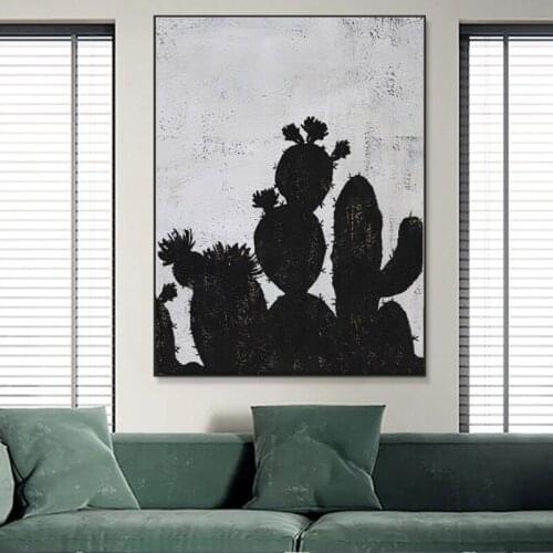 Minimalist Black White Cactus Picture Hand Painted Abstract Oil Painting On Canvas Wall Art For Living Room Home Decor No Frame
