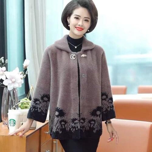 Middle Aged Women Fashion Faux Mink Fur Outercoat Female Casual Slim Knit Overcoats Ladies Short Turn-down Collar Cardigans Z173