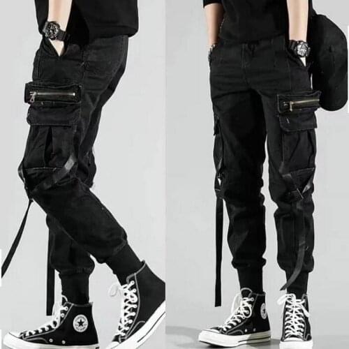 Mens Side Pockets Harem Pants 2019 Autumn Hip Hop Casual Ribbons Design Male Joggers Trousers Fashion Streetwear Pant Black