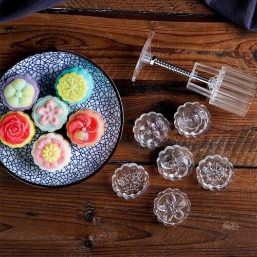 6pcs Transparent Flower Shaped Mooncake Mold Set 50g Mid Autumn Festival Hand Pressure Cookie Cutter Moon Cake Mould Baking Tool