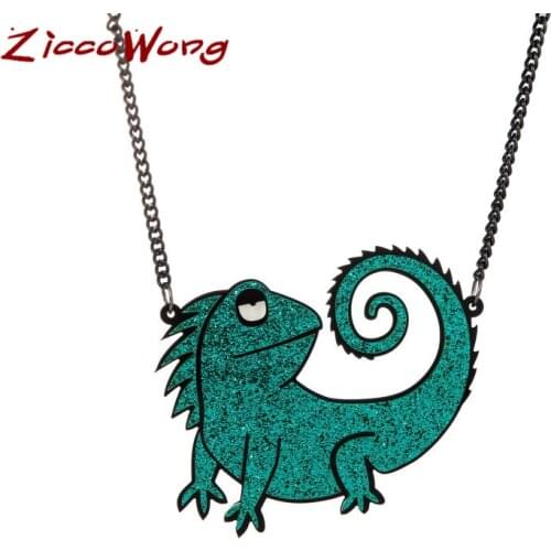ZiccoWong New Fashion Chameleon Pendant Necklace Green Glitter Resin Animal Chain Necklace Unisex Fashion Jewelry Cute Trendy
