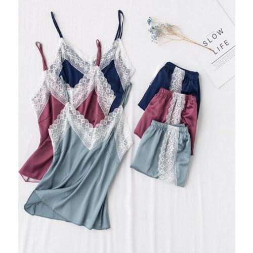 Summer New Ice Silk Pajamas Ladies Suspenders Shorts Lace Sexy Two-Piece Suit With Chest Pad Satin Intimate Lingerie Homewear