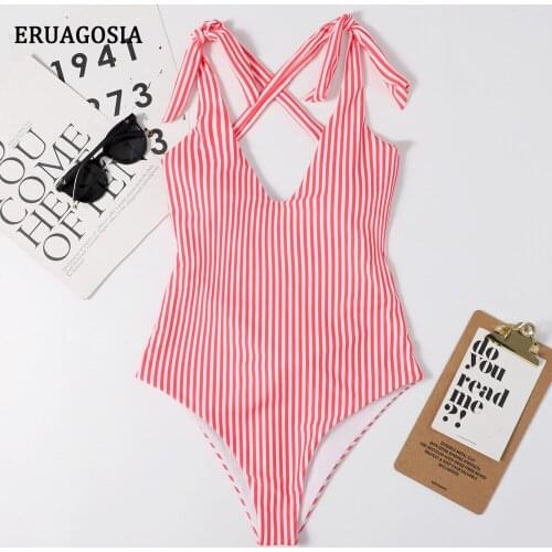 One Piece Swimsuit 2021 New Cute Bow Swimwear Women V Neck Bathing Suit Back Cross Striped Monokini Swim Suit