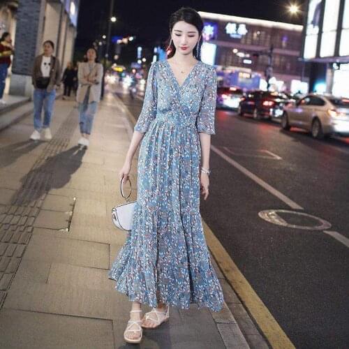 French Vintage Long Casual Women Dresses Chic Party Print Unif Dress Boho Flare Sleeve V-Neck Ankle-Length Summer Clothing