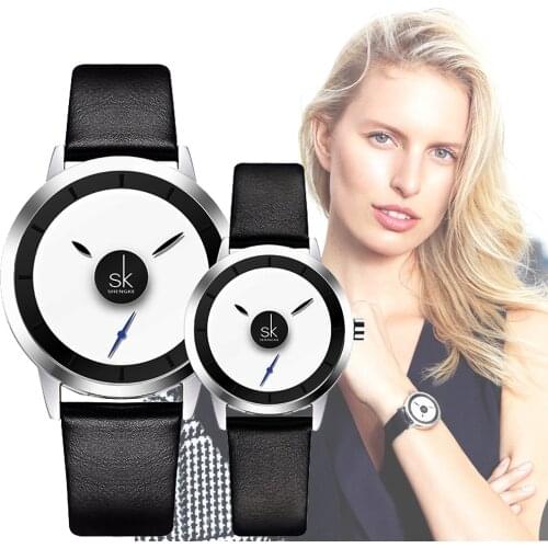 Shengke Minimalist Creative dial style women quartz watches men and ladies dress wristwatches lovers' black leather clock hours