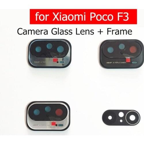 For Xiaomi Poco F3 Back Rear Camera Glass Lens with Frame Holder with 3M Glue Repair Spare Parts