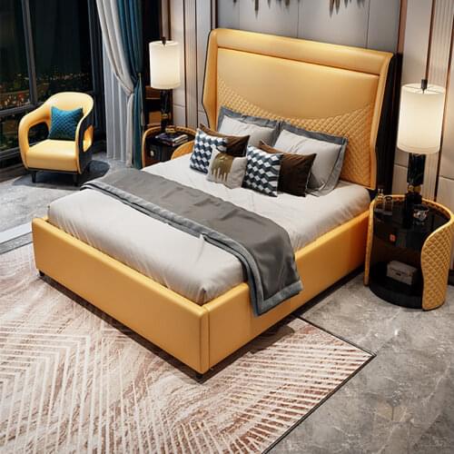 Light luxury leather solid wood bed bedroom post-modern and simple 1.8m soft-packed bed Italian master bedroom orange double