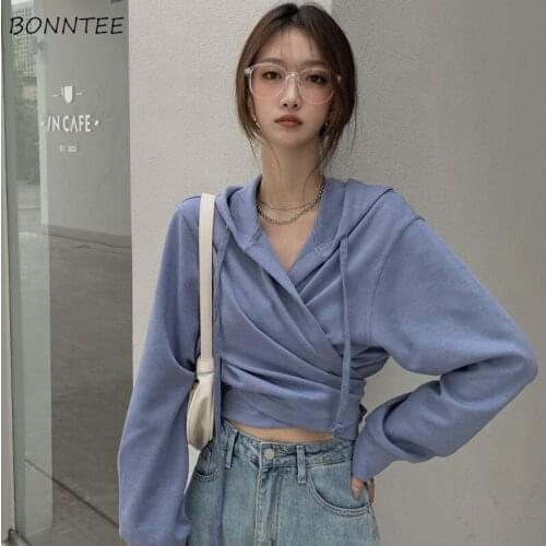 Sweatshirts Women Solid Pleated Fashion Casual Streetwear Ladies Breathable Pullover Hooded Long Sleeve Fit Comfortable Cropped