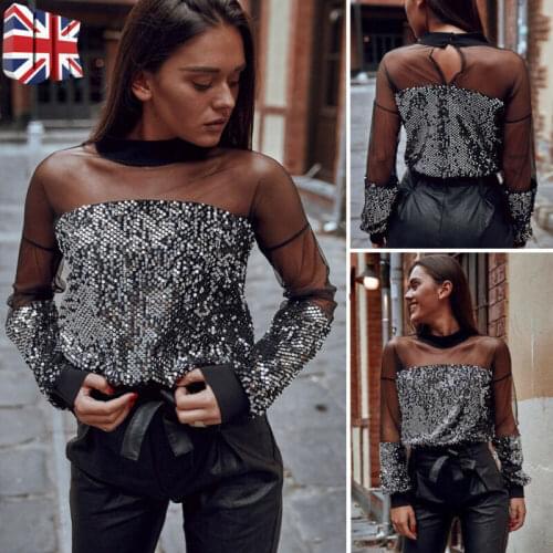 UK Womens Long Sleeve Gauze See Through Crop Tops Bottoming Shirt Sequin Sparkly Glitter Tops Party Clubwear Blouse T-shirt