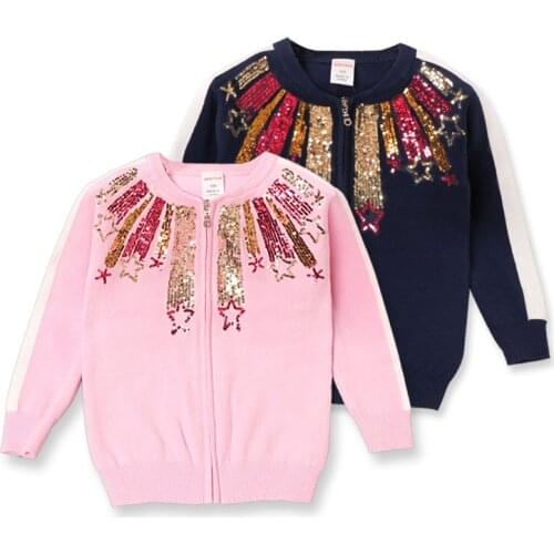 Spring Fall Girls Cardigan Sweater Fashion Sequins Child Knitting Clothes Long Sleeve Cardigans For Girl New Kids Clothing 3-7 Y