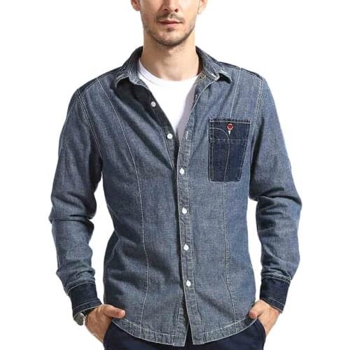 Spring Autumn Mens Stylish Patchwork 100% Cotton Full Sleeve Denim Shirt , Fall Male Man Washed Jeans Shirts , Men Blouses