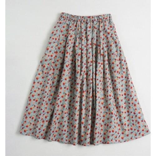 Spring New Product Japanese Mori Girl Pure Cotton Floral Skirt Elastic Waist Big Hem Thin Style Literary Pleated A-Line Skirt