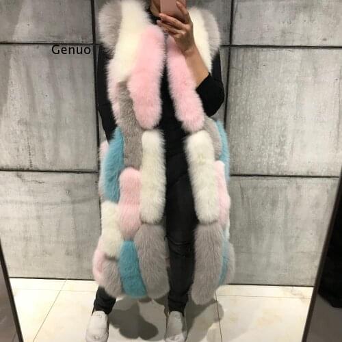 Women Winter Outwear Color Stitching Super Long Artifical Fox Fur Vest New Faux Fur Vests Coats Warm Fur Coats Jackets Female