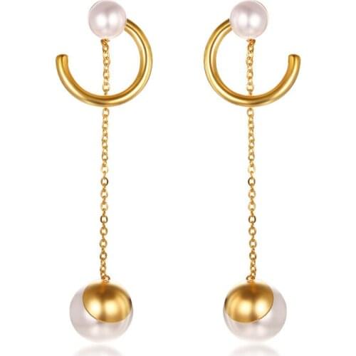 Lover Stainless Steel Simulated Pearl Geometric C Shape Tassel Chain Drop Earrings Gold Color Women Female Party Wedding Gift
