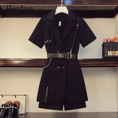 Plus Size Women Black Blazer Dress and shorts set Summer Punk Style Short Sleeve Double breasted Zipper Mini Dresses set