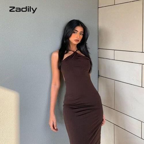 Zadily Sexy Sleeveless Halter Bodycon Mid Women Dress Solid Backless Solid Ladies Robe 2021 Summer Elegant Party Female Clothing