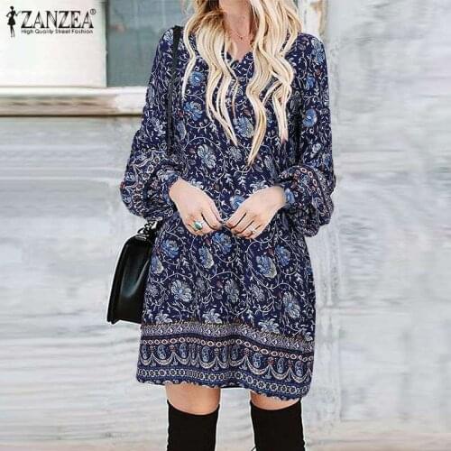 ZANZEA Women Bohemian Floral Printed Mini Dress Spring Long Sleeve Loose Beach Sundress Casual Vintage Holiday Vestidos Oversize