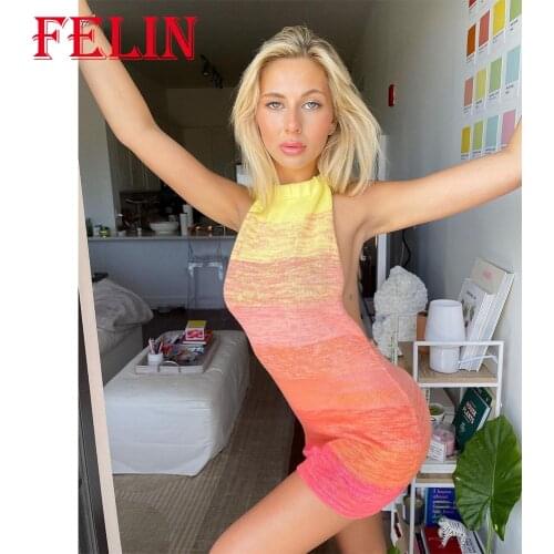 Women Sunset Gradient Sexy Knit Backless Dress Za 2021 Summer Beach Cami Elasticity Mini Dress Elegant Stylish Mujer Vestidos