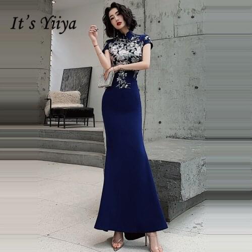 Its Yiiya Evening Dress Elegant Embroidery Lace Evening Dresses Mermaid High Neck Formal Gowns Long robe de soiree LF102