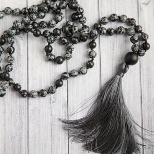 108 Stone Beads Necklace Handmade Long Boho Tassel Black And Grey Necklace Snowflake Mala Jewelry Men