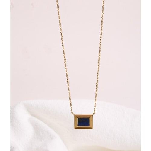 2021 Vintage Rectangle Lapis Lazuli Pendant 18K Gold Plated 316L Stainless Steel Necklace For Women Girl Trendy Jewelry Gift