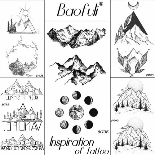 Baofuli Mountain Planet Fake Tattoo Peak Temporary Tattoo Geometric Black Art Tatto Leaves Moon Waterproof Women Men Body Arm