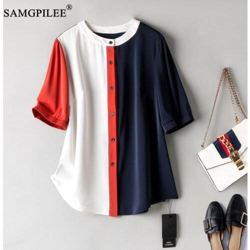 European Station Summer Blouses For Women 2021 New Fashion O Neck Single-breasted Patchwork Short-sleeved Oversized Blouse Woman
