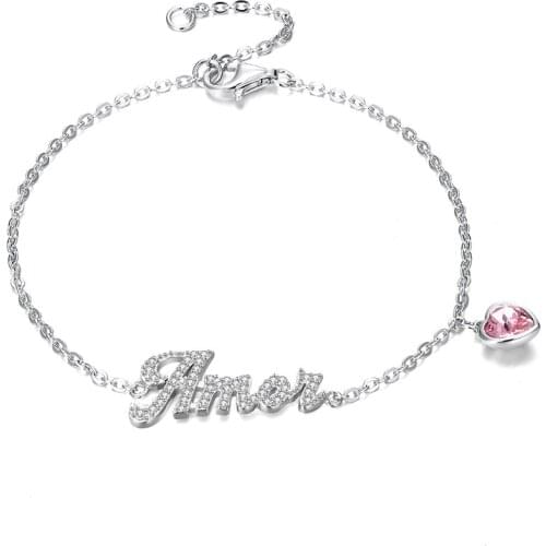 ZEMIOR 925 Sterling Silver Bracelet Women Pink Heart-shape Luxury Austria Crystal Bracelet Girl Festival Gift Fine Jewelry