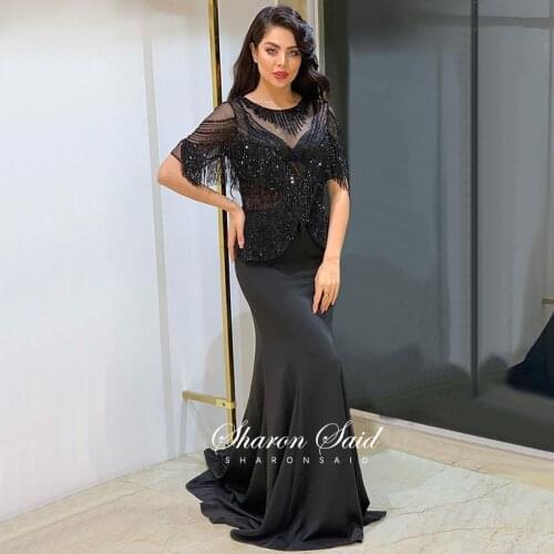 Black Mermaid Luxury Dubai Evening Dress 2021 Burgundy Crystal Tassel Arabic Formal Gown Grey Women Wedding Guest Party Dresses