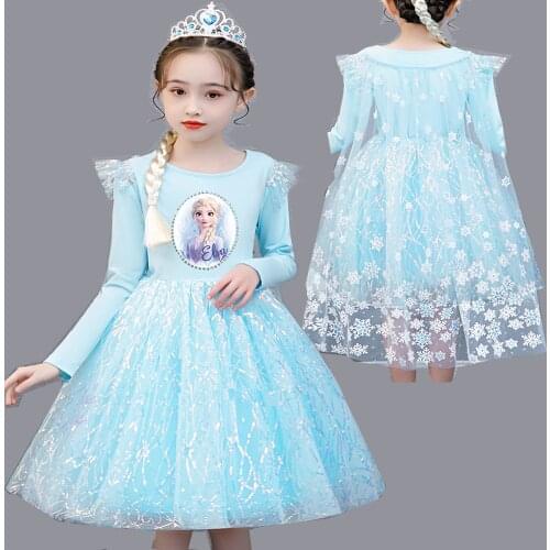 Frozen Elsa Princess Girls Glitter Mesh Dress Long Sleeve Clothes Children Kids Costumes Baby Rompers Vestidos Bebe Mesh