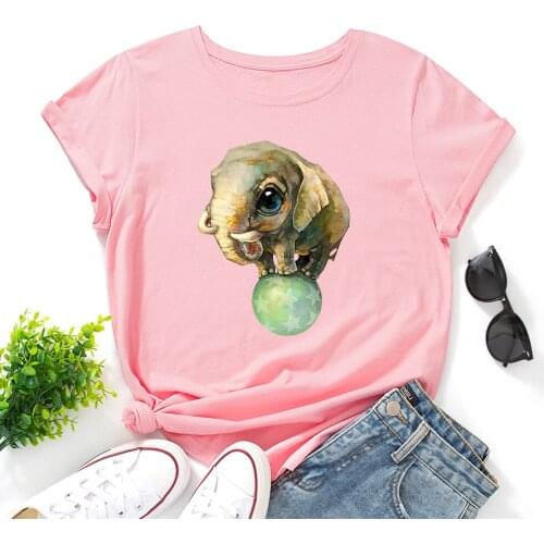 Cute Elephant Animal Graphic Tee Top Summer Women Short Sleeve 100%Cotton Funny T-Shirts Tops Female Oversize Shirt Clothes
