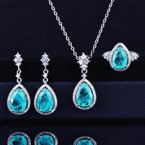 New Design Luxury 925 Silver Color Water Drop Paraiba Tourmaline Gemstone Pendant Necklace/Earrings/Rings Wedding Jewelry Sets