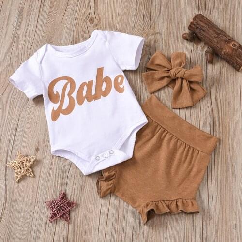 3PCS Summer New Born Girl’s Clothes Set Fashion Letter Print Short Sleeve Romper+Short Pants+Hairband Toddler 2021 Suit