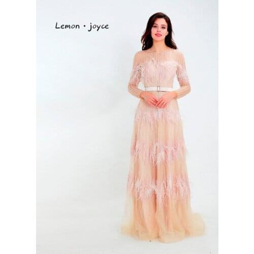 Lemon joyce Light Champagne Prom Dress 2020 Illusion Tulle with Beaded Feathers Sashes Luxury Evening Dress Party Dresses Gowns