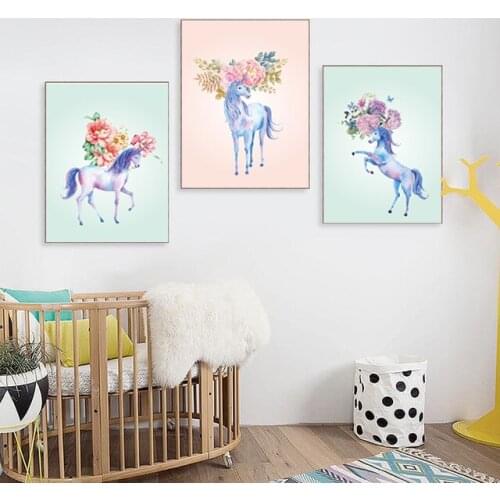 Cute unicorns surrounded hydrangea and peonie customizable living room wall painting canvas printing frameless decorative poster