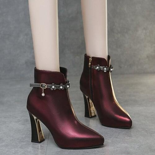 Lucyever Fashion Pearl Flowers Ankle Boots Women Pointed Toe High Heels Short Plush Botas Mujer Autumn 2021 Sexy Short Boots