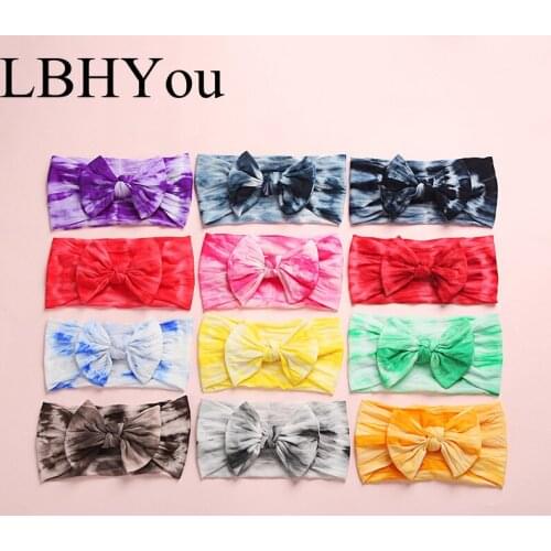 12pcs 2020 New Style Dye Hand Tie Nylon Headbands Cute Bows Elastic Wide Nylon Headwraps Baby Girls Hair Accessories