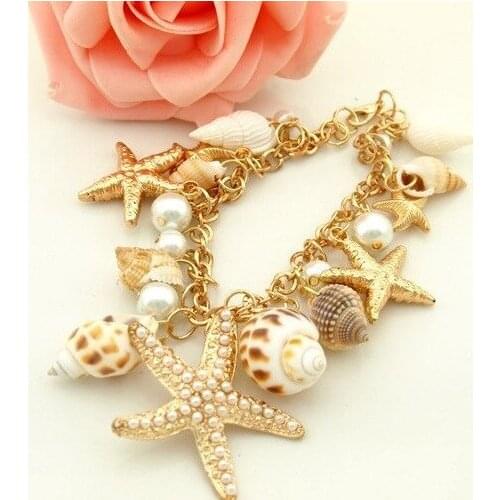 2015 New fashion Multi Starfish Sea Star Pearl Chain Beach Bracelet Wholesale star fashion tidal sea Bohemian dress bracelet