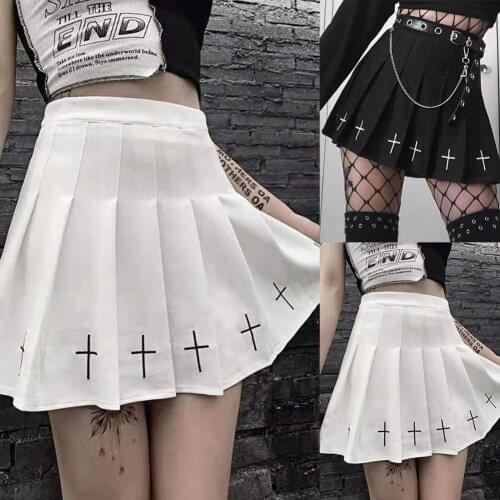 Solid Color High Waist Cross Print Pleated Women Mini Skirt Streetwear for Dating