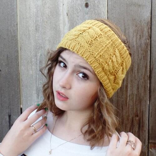 Hollow top twist knitting wool headband with ear protection Headcover elastic handmade headband for keeping warm