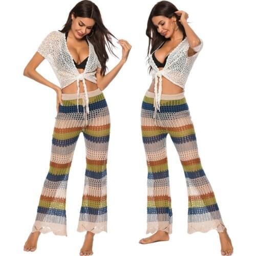 Sexy Women See-through Crochet Pants Bikini Cover Up Bottoms Boot Cut Pant High Waist Long Trousers Swimwear Women Swimsuit