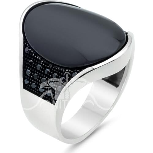 Silver Men Ring with Smooth Black Onyx Gemstone and Mini Multi Black Zircon Stone