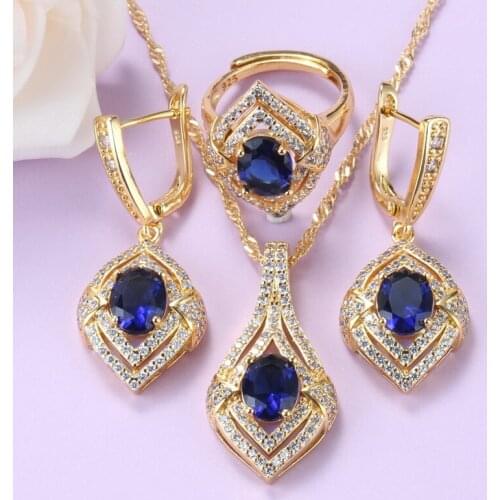 African Wedding Jewelry Sets For African Women Bridal Necklace Sets With Blue Cubic Zirconia Earrings And Ring 3-Piece Sets