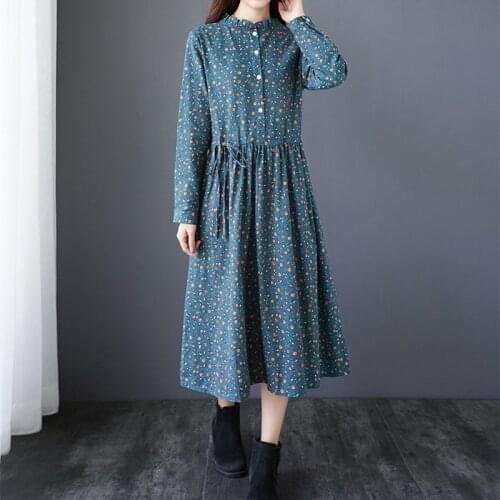 Uego Long Sleeve Autumn Dress Print Floral Vintage Prairie Chic Dress Cotton Linen Slim Women Dress Female Casual Spring Dress