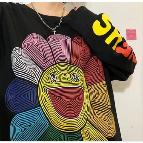 Womens Sweatshirt Sunflower Print Crewneck Hoodie Y2K Women Harajuku Rainbow Sweatshirt Korean Fashion Long Sleeve Pullover