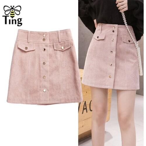Tingfly Women Corduroy Spring Skirt High waist zipper office short skirts Button female casual streetwear straight mini skirts
