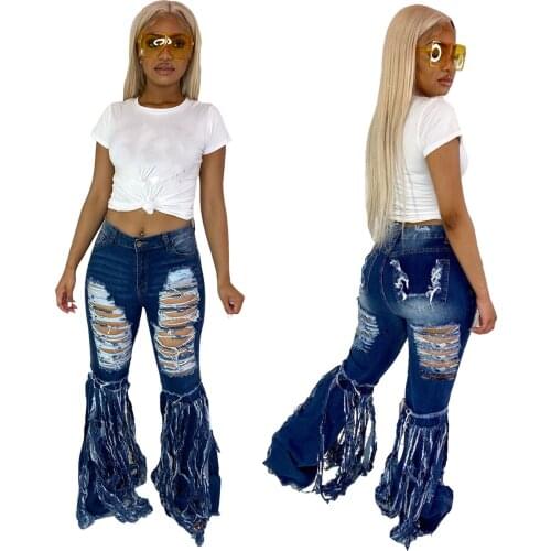 Women Flare Pants Vintage Ripped Jeans Sexy Hollow Out Skinny Distressed Jeans Fashion Tassel Denim Bell-Bottoms Trousers Female