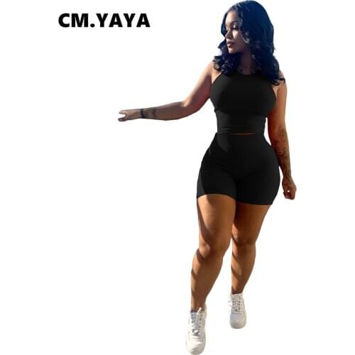 CM.YAYA Women Set Solid Sleeveless O-neck Crop Tops Stretchy Bodycon Shorts Two 2 Piece Sets Active Tracksuit Summer Outfits