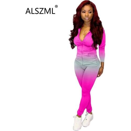 Young party women fashion gradient hooded long sleeve top and pants 2 piece set high street lady fashion tracksuits