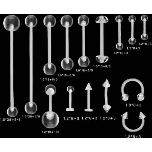 15PCS Mix Acrylic Piercing Lot Belly Bar Eyebrow Tongue Labret Nipple Ring Barbell Piercing Kit Cartilage Tragus Piercing Set